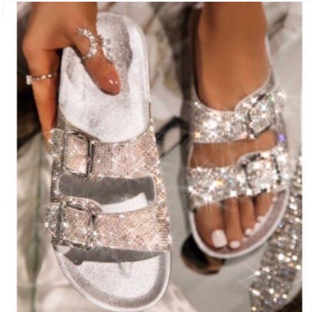 NWT Bling Embellished Sandals Double Buckle/Silver